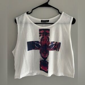 Miss Sunshine White Graphic Crop Tank Top Cross Tiger Print Small / Medium